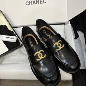 Chanel Black Loafers with Gold Logo